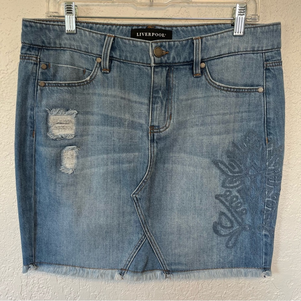 Liverpool Blue Chester Mended Godet Embroidered Floral Denim Mini Cutoff Skirt 6